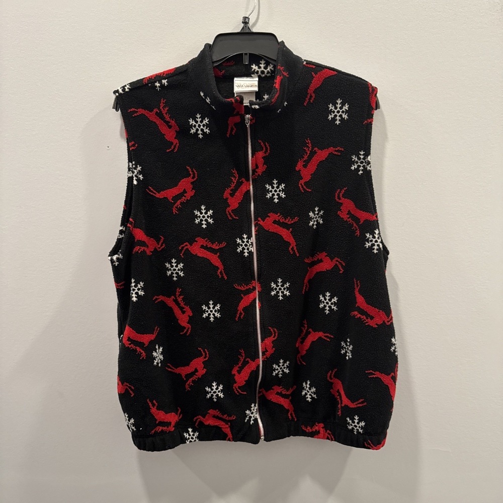 Vintage Napa Valley Fleece Reindeer Snowflakes Black‎ Zip Vest 1XL